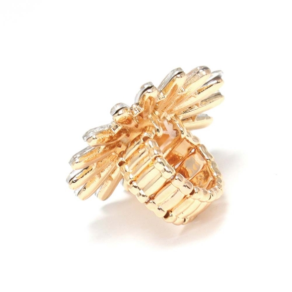 Gold Round Teardrop Stretch Crystal Flower Fashion Ring Finger Adjustable - Picture 2 of 2
